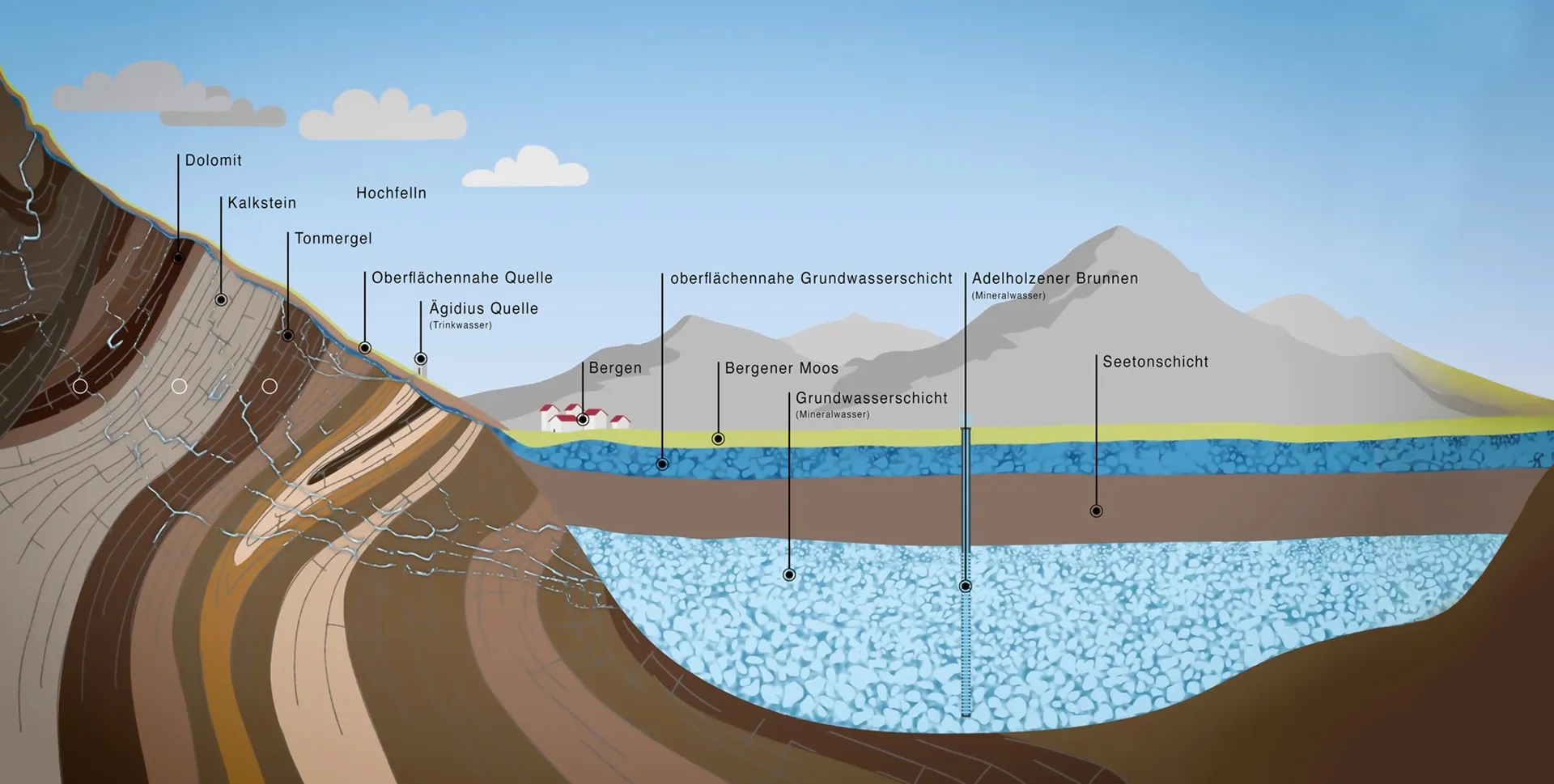 Geologischer Querschnitt der Alpenregion um den Hochfelln und Bergen, der die verschiedenen Gesteinsschichten wie Dolomit und Kalkstein sowie die Gewinnung von Mineralwasser aus tiefen Grundwasserschichten durch den Adelholzener Brunnen illustriert.